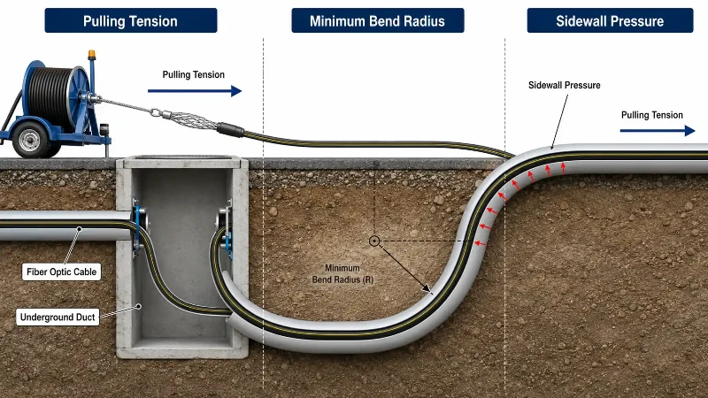 Fiber optic cable pulling tension and bend radius Fiber optic cable pulling tension and bend radius